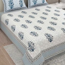 Adwitiya White & Blue Floral 300 TC Cotton Queen Bedsheet Set 1.08 m x 1.08 m-image-98