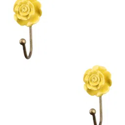 IndianShelf Yellow & Bronze 2 Pieces Textured Ceramic Flower Shaped Wall Hooks-image-65