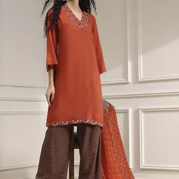 Biba Women Floral Yoke Design Regular Thread Work Kurta with Palazzos & With Dupatta image 2