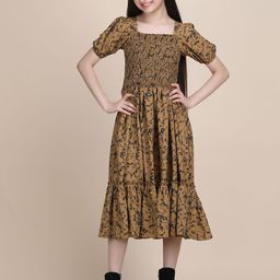STARWORD Girls Floral Print Smoked Puff Sleeve Crepe Fit & Flare Midi Dress-picture-48