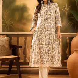 Sangria Floral Printed Mandarin Collar Cotton A-Line kurta-40