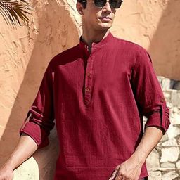 EdinWolf Men India Slim Fit Band Collar Solid Cotton Casual Shirt-picture-54