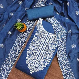HERE&NOW Floral Embroidered Thread Work Chanderi Cotton Unstitched Dress Material-54
