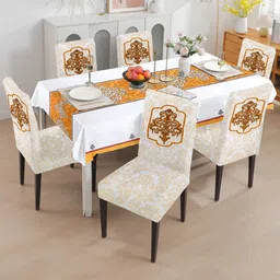 Cortina 7Pcs Cream & Orange Printed Chair Cover With Table Cover-55
