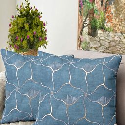 Blue Grass Blue & Gold-Toned 2 Pieces Abstract Velvet Square Cushion Covers-image-82