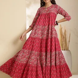 GULMOHAR JAIPUR Women Floral Print Keyhole Neck Fit & Flare Dress-image-96