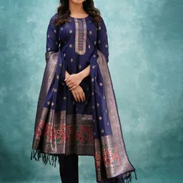 Moda Rapido Floral Woven Design Round Neck Art Silk Kurta With Trousers And Dupatta-image-94