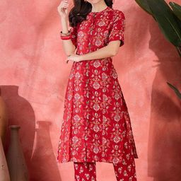 Sangria Women Floral Printed Pure Cotton Straight Kurta & Trousers-46