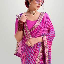 Mitera Striped Sequinned Pure Chiffon Leheriya Saree-picture-21