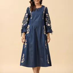 SAVI Floral Embroidered Cuffed Sleeve Denim A-Line Dress-image-60