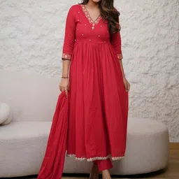 Lilots Yoke Design Chanderi Silk A Line Kurta With Trousers & Dupatta-picture-1