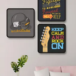 SAF Black & Blue 3 Pieces Abstract Wooden Printed Wall Art-image-78