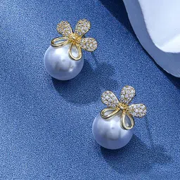 VAGHBHATT Gold Plated Pearl & Rhinestone Floral Studs-image-84