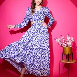 Women Fit and Flare Dark Blue, White, Yellow Maxi/Full Length Dress-image-98