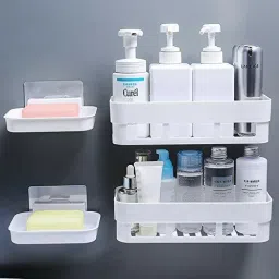 Pack of 4 Multipurpose Plastic Wall Mounted Rack Shelf With Soap Dish Holder Plastic Wall Shelf-picture-21