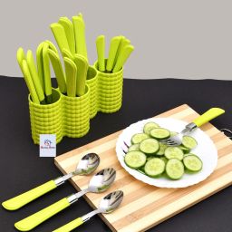 ABS Plastic & Stainless Steel Nice Cutlery Set (Set of 24, Green)-HHOME3293 Plastic Cutlery Set-image-44