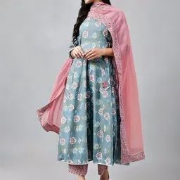 BAIRAJ Floral Printed Thread Work Anarkali Kurta with Trousers & Dupatta-18