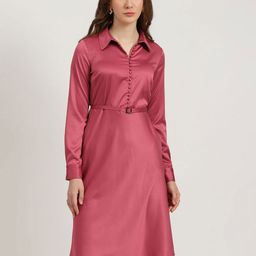 FableStreet Women Soldi Satin Shirt Collar Fit & Flare Dress-picture-32