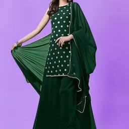 PARROT CREATION Geometric Embroidered Sequinned Georgette Kurti with Sharara And Dupatta-image-49