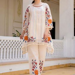 Indo Era Floral Embroidered Round Neck A-Line Pure Cotton Kurta With Palazzos-22