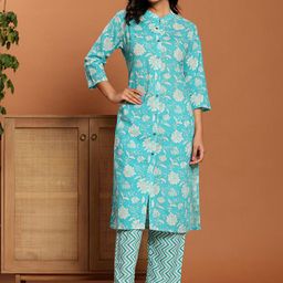 Ragavi Women Floral Printed Regular Pure Cotton Kurta with Trousers-picture-19