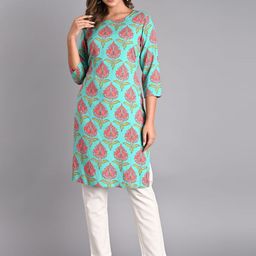 KIZI Ethnic Motifs Printed Round Neck Pure Cotton Kurta With Trousers-image-87