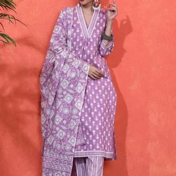 Sangria Floral Printed A-Line Pure Cotton Kurta With Trousers & Dupatta-picture-12