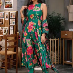 Aaghnya Floral Printed Round Neck Anarkali Kurta with Trousers & Dupatta-image-26