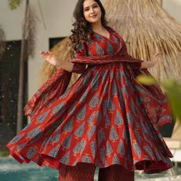 Wedani Floral Printed V Neck Anarkali Kurta With Palazzos & Dupatta-picture-30