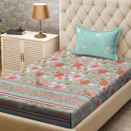 Aura Green & Red Floral 300 TC Single Bedsheet with 1 Pillow Covers 2.25 m x 1.50 m-18