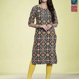 Moda Rapido Selection Of 3 Geometric Printed Round Neck Ikat Technique Straight Kurtas-image-76