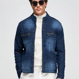 DAGERRFLY Men Mock Collar Washed Solid Casual Denim Jacket-26