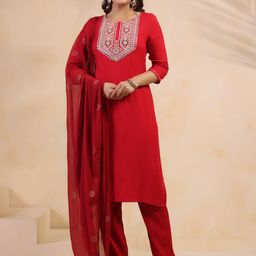 Anouk Rustic Women Floral Embroidered Regular Pure Cotton Kurta With Trousers & Dupatta-picture-45