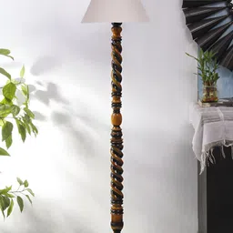Devansh Brown & Grey Textured Cotton Conical Wooden Floor Lamp-45