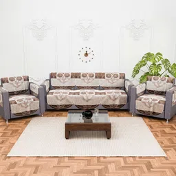 Aura Brown & Cream-Coloured Printed Cotton Sofa Cover With Arms-image-91