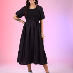 Raiyani Fashion Puff Sleeve Smocked Detail Fit & Flare Midi Dress-picture-3