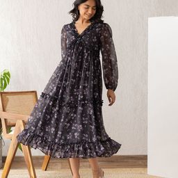 Polago Clothing Floral Print Puff Sleeve Georgette A-Line Midi Dress-image-31