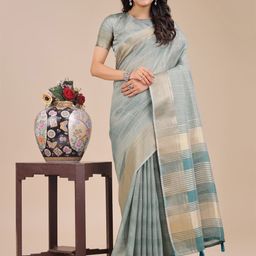 ALAGINI Checked Woven Design Zari Organza Saree-48