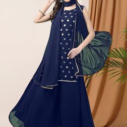 PARROT CREATION Geometric Embroidered Sequinned Georgette Kurti with Sharara And Dupatta-image-98