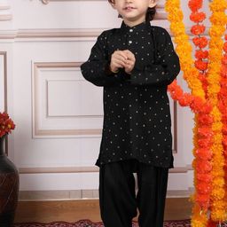 Polka Tots Boys Floral Printed Band Collar Pure Cotton Kurta With Pyjamas-26