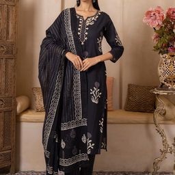 SHIVARA Women Floral Printed High Slit Sequinned Pure Cotton Kurta with Trousers & With Dupatta-image-80