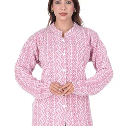 WOOL 4U Women Geometric Printed Mock Collar Woollen Longline Cardigan-picture-36