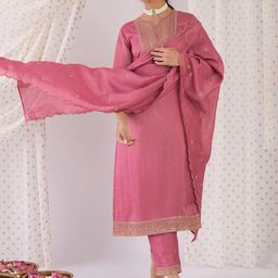 Indo Era Floral Yoke Design Notch Neck Zari Straight Kurta With Trouser And Dupatta-10