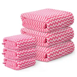 Kuber Industries Pink & White 6 Pieces Chevron Printed Microfiber 270 GSM Towel Set-40