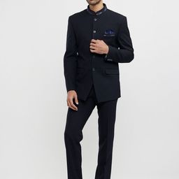 Twamev Men Mandarin Collar Tailored Fit Self Design Suit Set-image-47