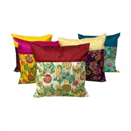 Pink Parrot Maroon & Pink 5 Pieces Printed Zari Jacquard Silk Square Cushion Covers-image-51