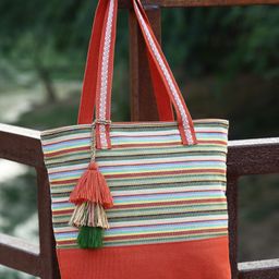Anekaant Striped Self Design Shopper Tasselled Eco- friendly Jacquard Cotton Tote Bag-14