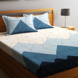 Fashion String Blue & Beige Geometric 144 TC Queen Bedsheet with 2 Pillow Covers-5