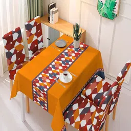 HOKIPO Yellow & Brown 5 Pieces Dining Chair Covers With Matching Tablecloth-34