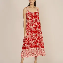AMSWAN Women Floral Printed Shoulder Straps A-Line Midi Dress-image-37